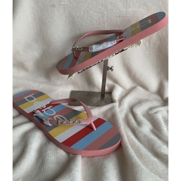 COPY 🌹Women’s Sandals Size 8 MINDEE BEBE LOGO Striped Pink Multi FLIP FLOPS - Picture 6 of 10